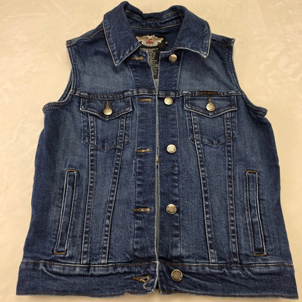 Harley Davidson Denim Vest Womens Medium Blue Excellent Embroidered Biker Vest
